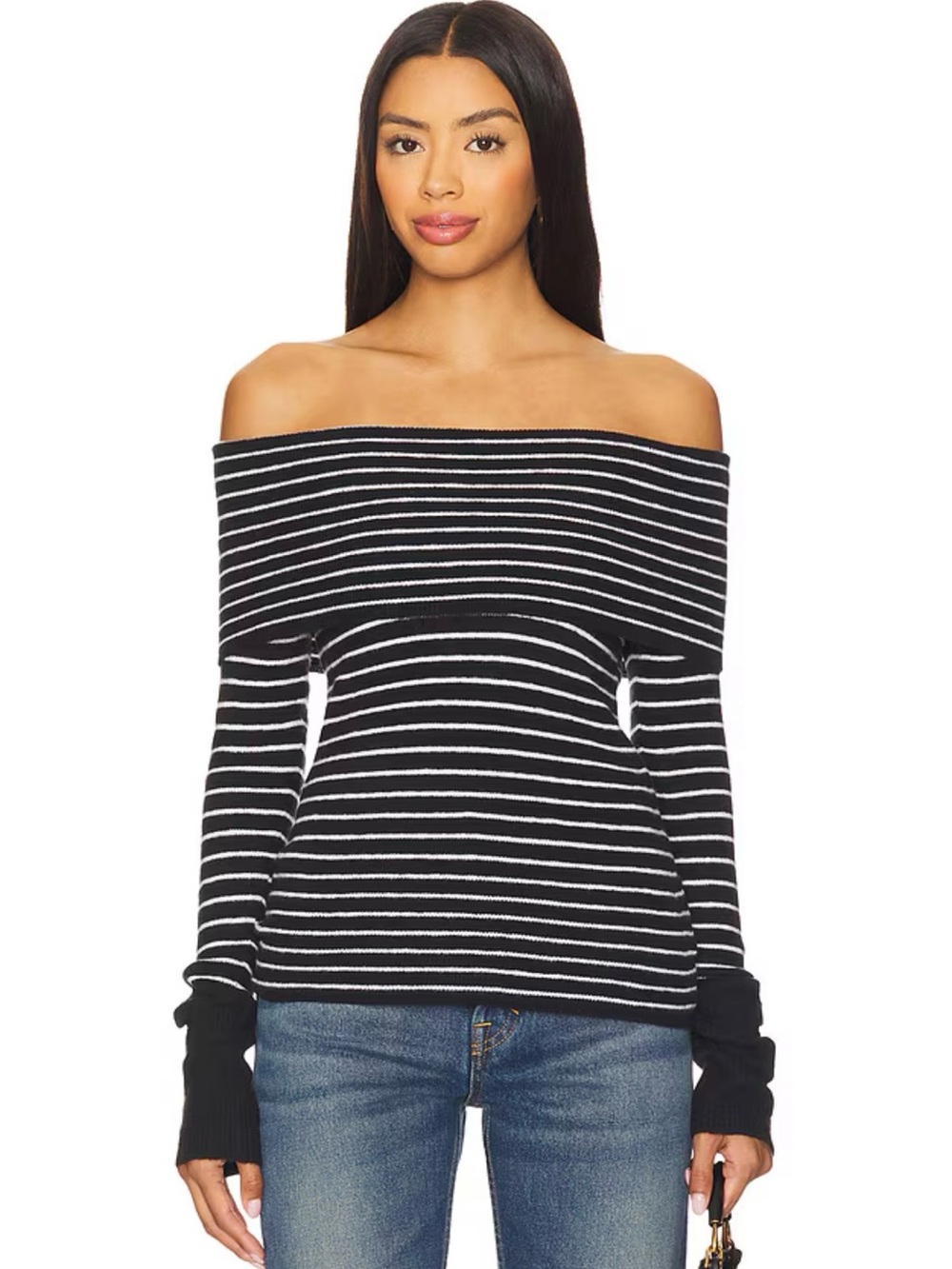 Free People Evergreen Black White Striped Off Shoulder Wool Blend Sweater